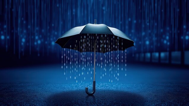 A black umbrella protecting from falling binary code in a dark blue digital rain environment