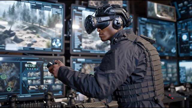 a black american soldier, wearing a vr headset and holding a remote controller, stands before a multi-screen battlefield displayed on large screens in a military command center.