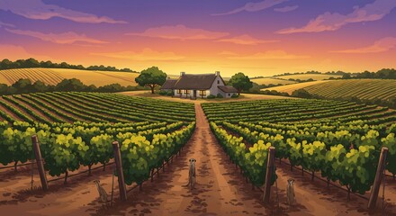 Fototapeta premium 夕日輝く葡萄畑広がる丘陵地帯、静かな農家 美しい風景. AI Generated