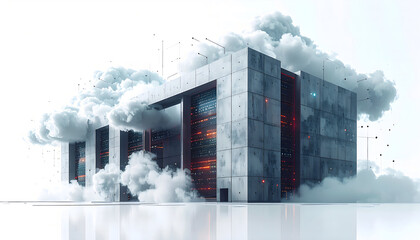 Futuristic Data Center to Cloud Computing Illustration | Minimalist Flat Design
