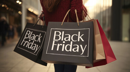 Black Friday Shopping: A woman is seen holding multiple shopping bags, each bearing the phrase Black Friday, inside a shopping mall.