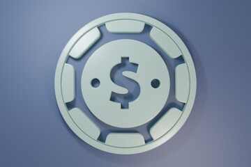 Grey Casino chip with dollar symbol icon isolated on purple-blue background. Casino gambling. Minimalism concept. 3D render illustration