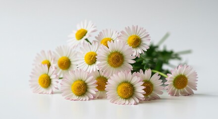 Obraz premium 清楚な白背景に咲く可憐な白いデイジーの花束。柔らかな自然光が優しく花びらを照らす. AI Generated