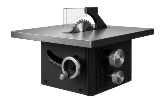 Precision panel saw with a cast iron table and micro-adjustment knobs for a high-end furniture workshop