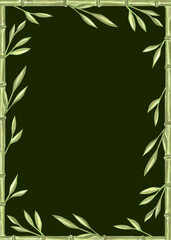 Bamboo stems with leaves watercolor postcard template. Frame with copy space with floral branches. Hand drawn isolated illustration border from greenery foliage. Rainforest plant for zen, wellness.