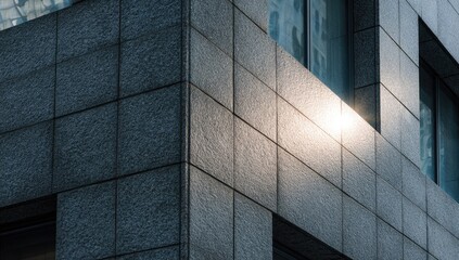 Corner of a modern building with gray stone facade