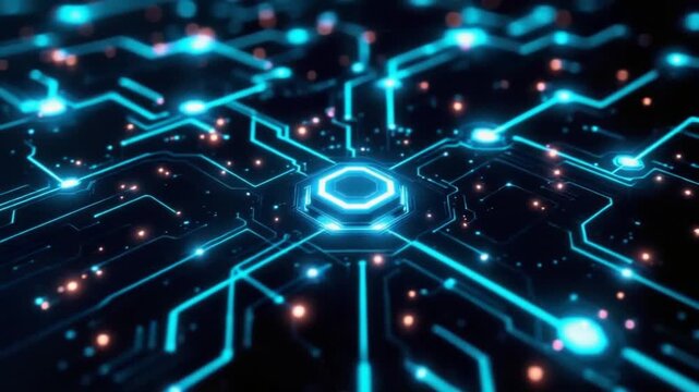 Dynamic glowing circuit board pulses with energy representing futuristic technology and data flow, perfect for digital innovation and AI themes