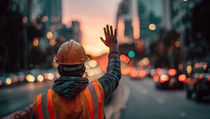 Construction worker waving on city street at sunset