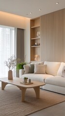 Modern Taiwanese Living Room with Minimalist Beige Sofa and Wood Accents