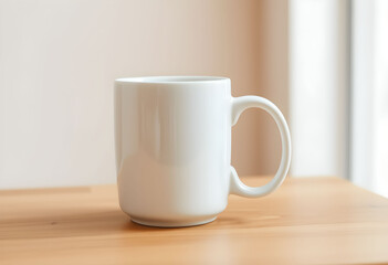 A plain white ceramic coffee mug sitting on a light wooden table with a soft, neutral background.
