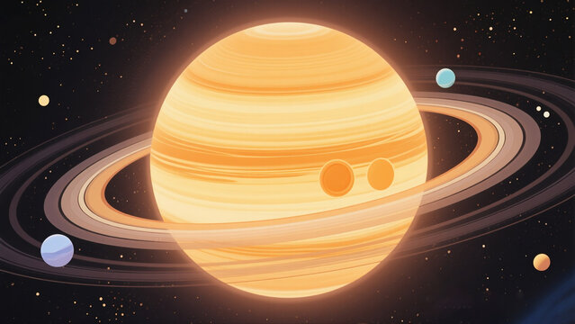 A vibrant illustration of a glowing, golden planet with prominent rings and one moons. Smaller planets and stars are scattered in the dark space background.