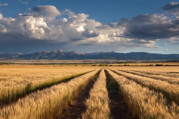 Golden wheat field paths, mountains, clouds