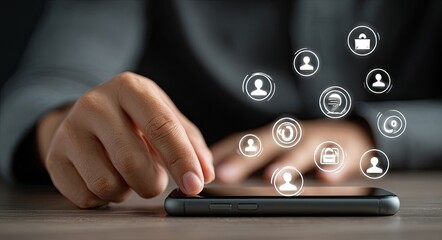 Close-up of hands using a phone with digital icons