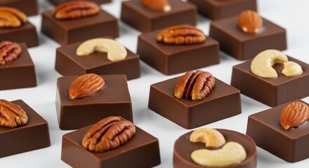 Fototapeta premium 贅沢なダークチョコ ナッツ入り 一口サイズ 光沢感美しい. AI Generated