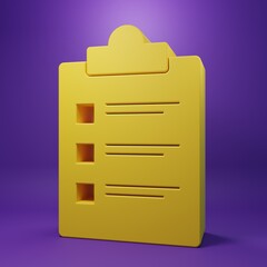 Yellow Clipboard with checklist icon isolated on purple background. Control list symbol. Survey poll or questionnaire feedback form. Minimalism concept. 3D render illustration