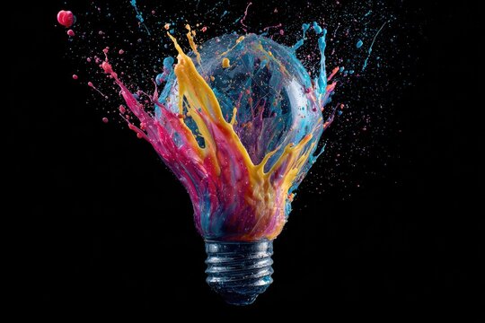 A vibrant lightbulb exploding in a burst of color