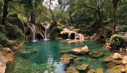 Fototapeta premium Lush waterfall cascading into a crystal-clear pool (1)