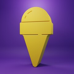 Yellow Ice cream in waffle cone icon isolated on purple background. Sweet symbol. Minimalism concept. 3D render illustration
