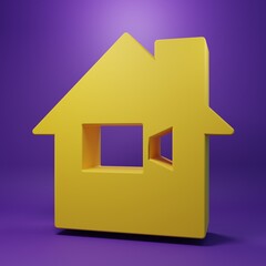 Yellow Video camera Off in home icon isolated on purple background. No video. Minimalism concept. 3D render illustration