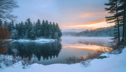 Fototapeta premium Breathtaking Winter Sunrise Over Tranquil Lake Surrounded by Fog and Reflecting Trees in Nature