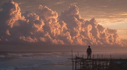 Silhouette figure stands on wooden pier, vast clouds at sunset over ocean