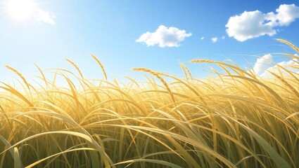 Golden wheat field under bright blue sky with clouds