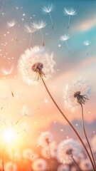 Close up of dandelion seeds floating in the air against a vibrant sunset sky