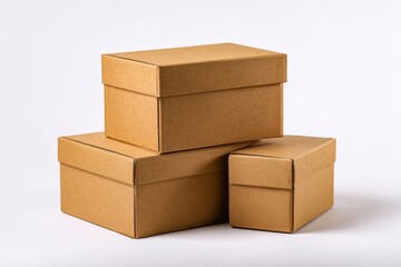 Three closed brown cardboard boxes are stacked on a white background