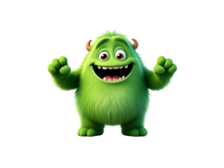Cheerful Green Monster Character: Fun Cartoon Creature for Kids' Content isolated on transparent background