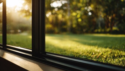 Fototapeta premium Sunlight streams through a window onto a garden