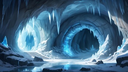 Epic fantasy concept of a mystical arctic cavern featuring a glowing crystalline tunnel and frozen landscape