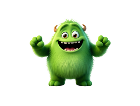 Cheerful Green Monster Character: Fun Cartoon Creature for Kids' Content isolated on transparent background