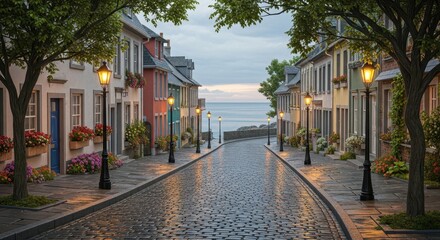 Picturesque Coastal Street at Dusk - Cobblestone Road, Lamp Posts, and Colorful Buildings