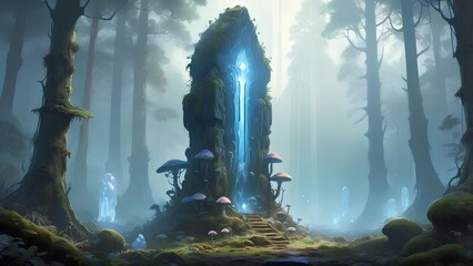 Mystical runic stone pulsating with blue magical energy in a deep, foggy and enchanted forest