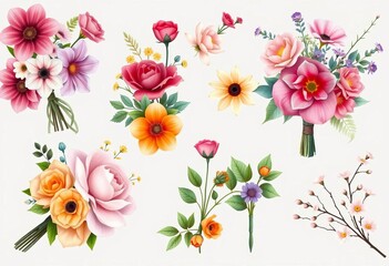 Elegant floral bouquets and boutonnieres featuring diverse blooms, leaves, and branches in vector format,   vintage floral,  boutonniere