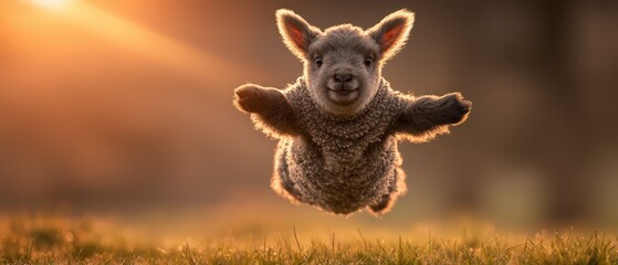 Obraz premium Adorable baby sheep lamb jumping in the air du sunset in a rural field with warm lighting and Soft grass background