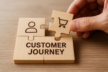 An image depicting a hand placing a puzzle piece labeled "Customer Journey" alongside other pieces representing a user and a shopping cart.
