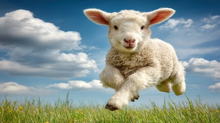Fototapeta premium Adorable baby lamb running across green grass with blue sky and fluffy clouds in the background in a bright outdoor farm setting