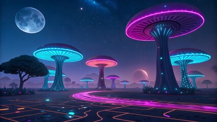 Enchanting alien forest with giant bioluminescent mushrooms and glowing pathways at night