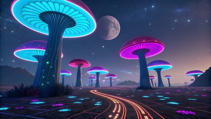 Surreal alien landscape with glowing neon mushrooms under a starry night sky