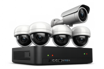 Video surveillance system with multiple cameras and digital video recorder on transparent background