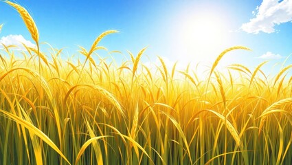 Golden wheat field under bright sun on clear sky