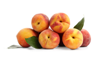 Many sweet ripe peaches on white background
