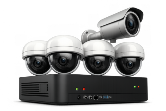 Video surveillance system with multiple cameras and digital video recorder on transparent background