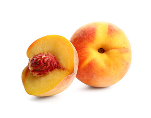 Sweet ripe peaches on white background
