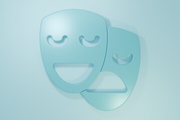 Blue Comedy and tragedy theatrical masks icon isolated on blue background. Minimalism concept. 3D render illustration