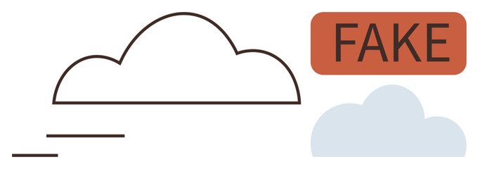 Sketched cloud outline, filled cloud shape, and bold FAKE tag in red rectangle. Ideal for misinformation themes, weather concepts, labeling, data verification, minimalism, communication simple flat