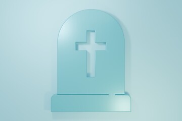Obraz premium Blue Tombstone with cross icon isolated on blue background. Grave icon. Happy Halloween party. Minimalism concept. 3D render illustration