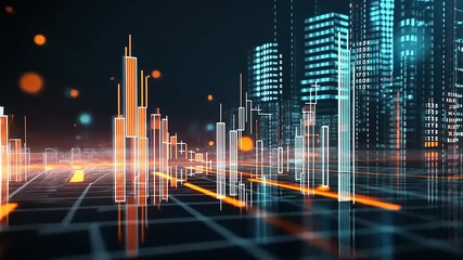 Futuristic city skyline with digital data visualization - Powered by Adobe