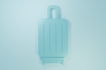Blue Suitcase for travel icon isolated on blue background. Traveling baggage sign. Travel luggage icon. Minimalism concept. 3D render illustration